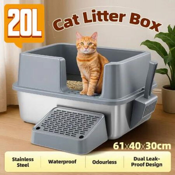 Cat Kitty Litter Box Stainless Steel Potty Pan Toilet Metal Tray High Sided Pet Furniture Semi Enclosed Feline Kitten Washroom Filter Pedal Ramp Scoop