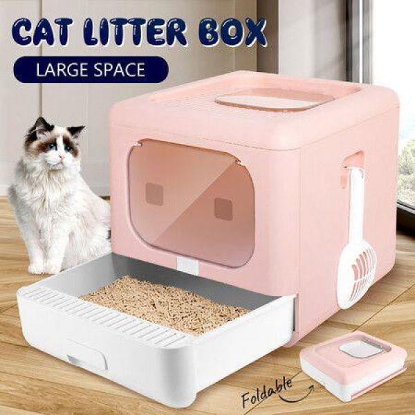 Cat Litter Box Top Entry Kitty Enclosed Tray Pet Toilet Large Covered Hooded Furniture Foldable Pink