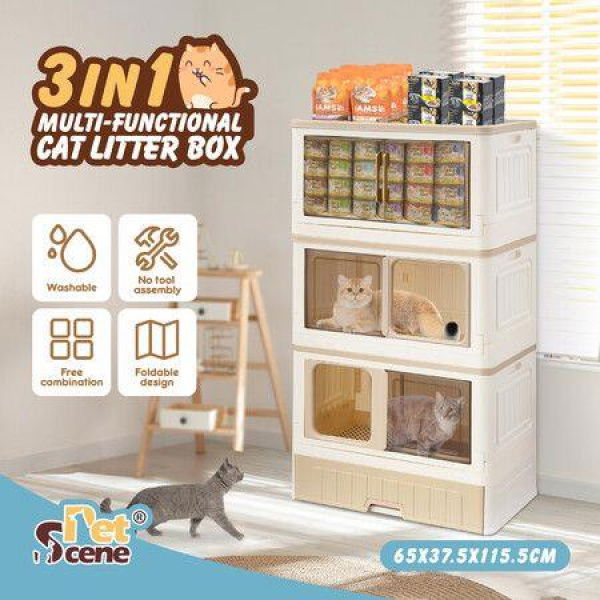 Cat Litter Box Tray Enclosure 3 in 1 Bed House Kitty Cave Storage Cabinet Toilet Villa Condo Furniture Stackable Foldable Khaki