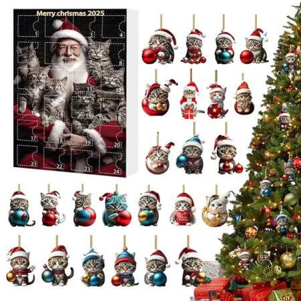 Cat Ornament Christmas Advent, 2D Acrylic Cute Cat Ornaments with 24 Day Countdown Calendar, Holiday Kitten Pendant for Xmas Tree