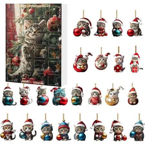 Cat Ornament Christmas Advent, 2D Acrylic Cute Cat Ornaments with 24 Day Countdown Calendar, Holiday Kitten Pendant for Xmas Tree