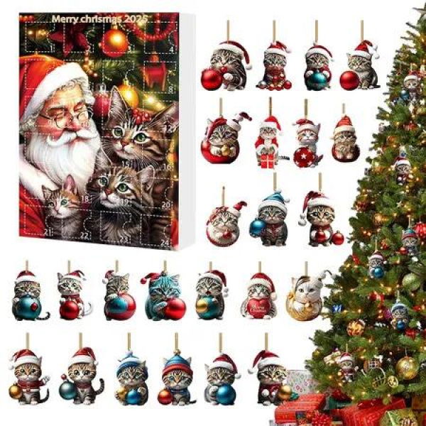 Cat Ornament Christmas Advent, 2D Acrylic Cute Cat Ornaments with 24 Day Countdown Calendar, Holiday Kitten Pendant for Xmas Tree