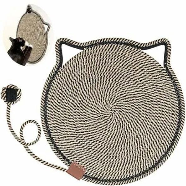 Cat Scratcher Mat Natural Cotton Rope Scratch Pad 15.7in Round Horizontal Floor Scratching Pads for Indoor Cats,Furniture Protector for Wall,Sofas(Black)