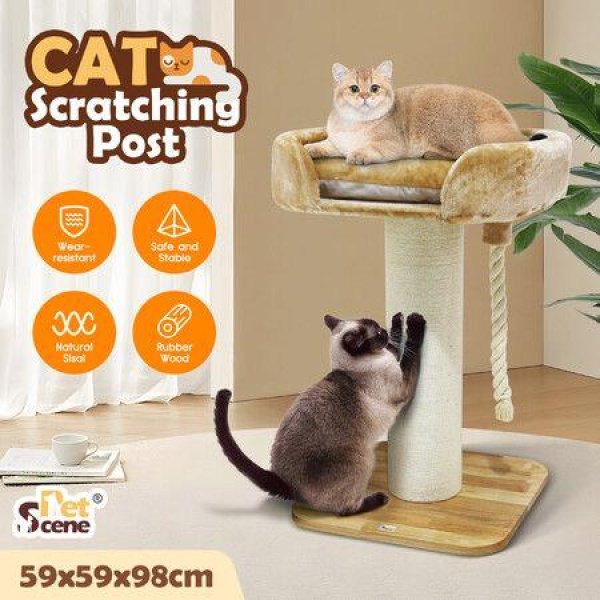 Cat Scratching Post Perch Bed Kitten Climbing Tower Tree Play Gym Scratcher Wooden Pet Furniture House Stand Dangling Sisal Rope 98cm Tall