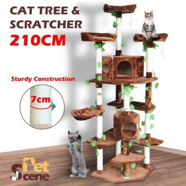 Cat Scratching Tree Condo Climbing Scratcher Posts Poles Tower Modern Pet Playhouse Furniture Multi-levels 2.1m Tall Brown.