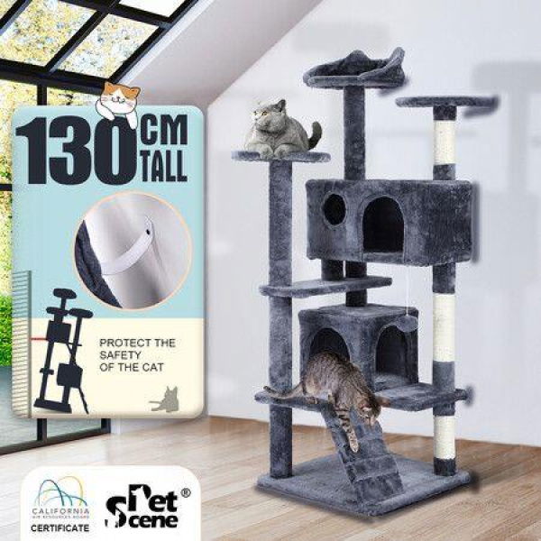 Cat Tower Tree House Scratching Post Multi-level Scratcher Gym 130cm Tall With Condos Hanging Toys