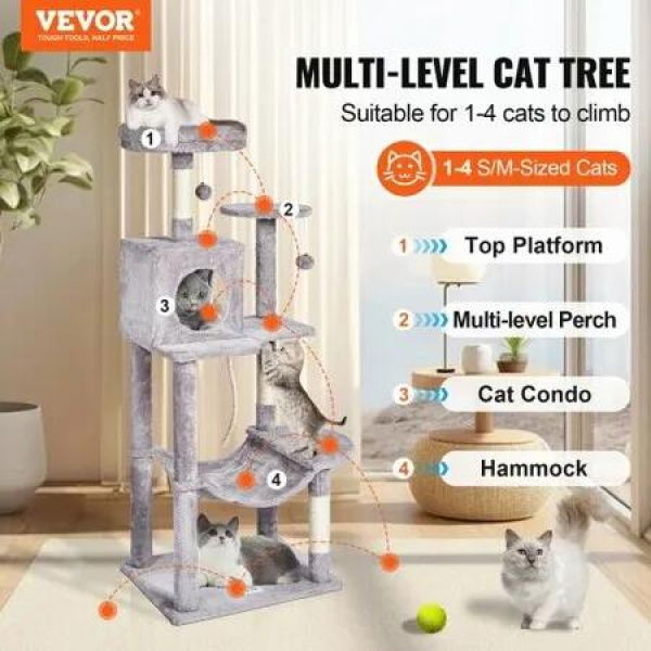 Cat Tree 143 cm Cat Tower with Cat Condo Sisal Scratching Post Light Grey