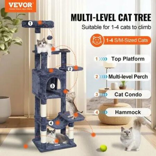 Cat Tree 154 cm Cat Tower with Cat Condo Sisal Scratching Post Dark Grey