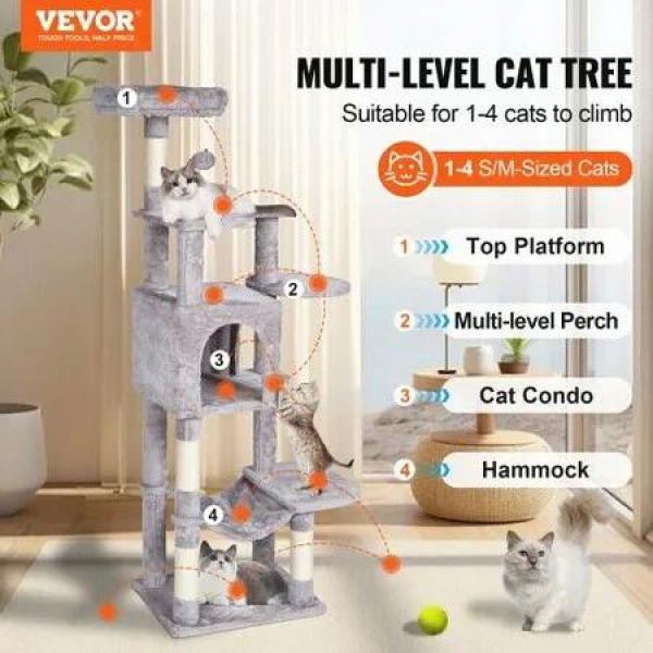 Cat Tree 154 cm Cat Tower with Cat Condo Sisal Scratching Post Light Grey