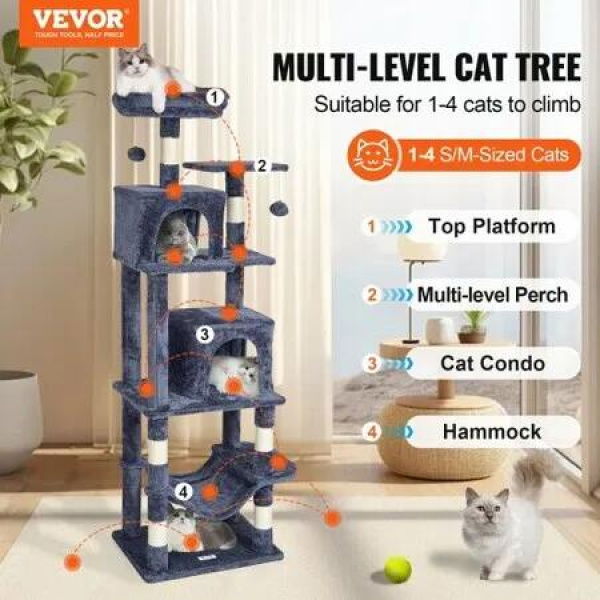 Cat Tree 160 cm Cat Tower with 2 Cat Condos Scratching Post Light Grey