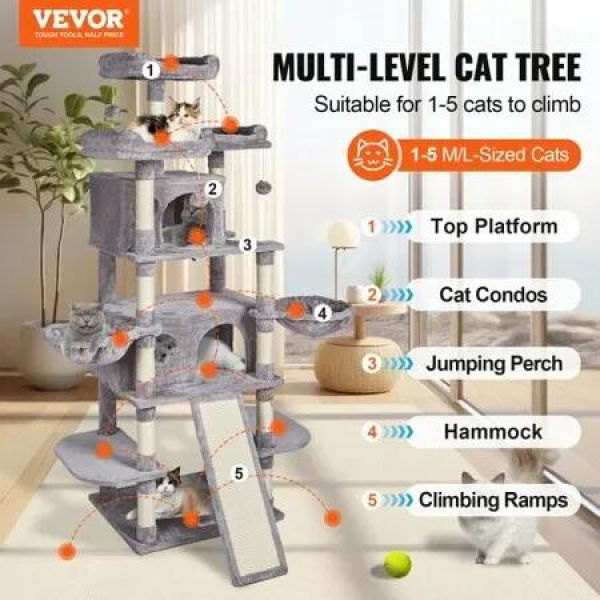 Cat Tree 174 cm Cat Tower for Indoor Cats with Cat Condos Scratching Post