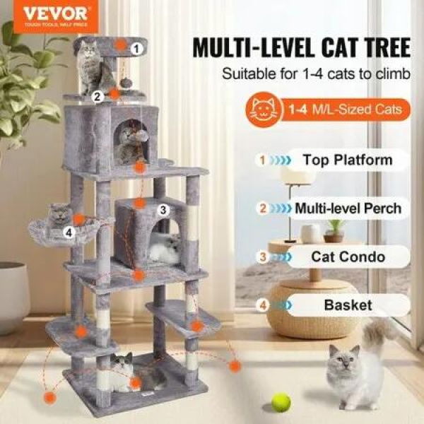 Cat Tree 174 cm Cat Tower with Cat Condos Sisal Scratching Post Light Grey