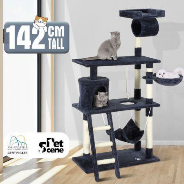 Cat Tree Climbing Gym Scratching Post Tower Pole With Cat Tunnel Condo Playhouse Perch Basket Hammock Rope 140cm Tall.