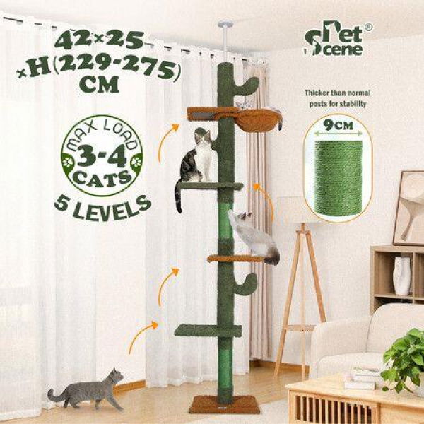 Cat Tree Tower Scratching Post Sisal Scratcher Furniture Stand Scratch Pole Climbing Floor To Ceiling Hammock Platforms 229-275cm