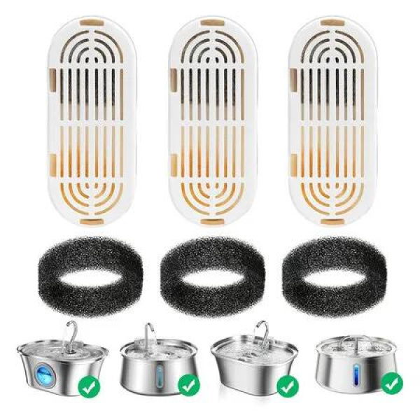 Cat Water Fountain Filters,3 Pack Replacement Filters And Pre-Filter Sponges for Stainless Steel Pet Fountain with Water Level Window