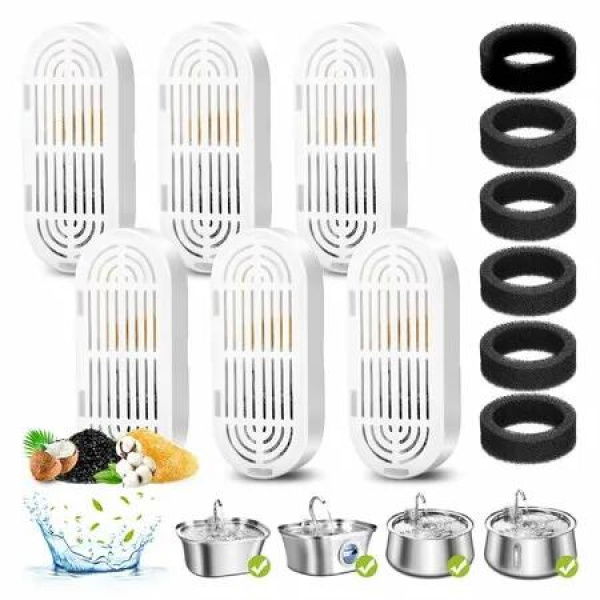 Cat Water Fountain Filters,6 Pack Replacement Filters And Pre-Filter Sponges for Stainless Steel Pet Fountain with Water Level Window