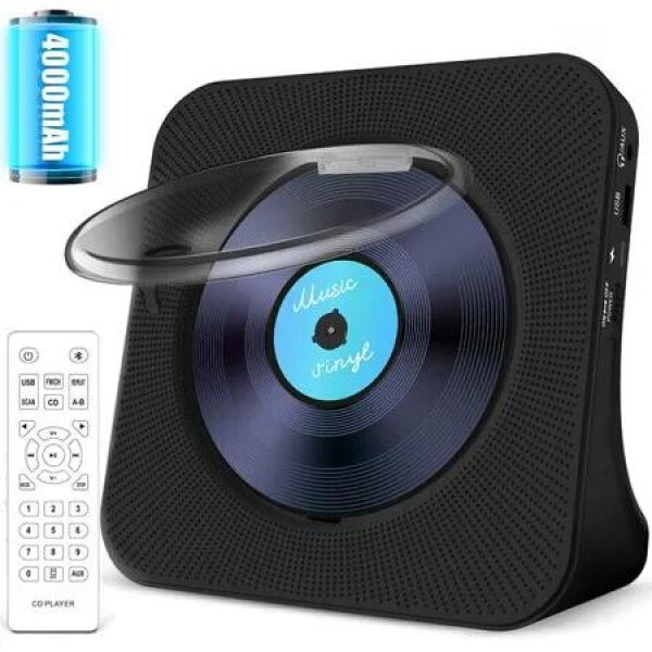 CD Player Portable Bluetooth 4000mAh Rechargeable Kpop Music HiFi Speaker Remote Control LCD Sleep Timer Headphone Jack Black Audio Entertainment