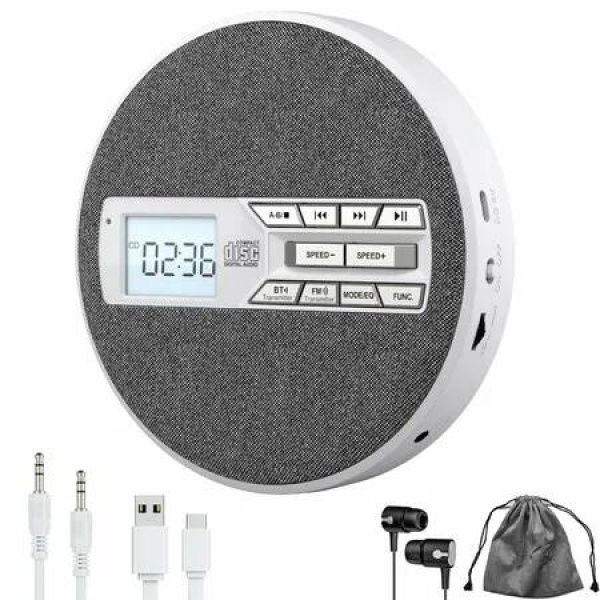 CD Player Portable,Rechargeable Portable CD Player with Dual Speakers,Anti Skip,CD,Dual Bluetooth,FM Transmission,USB,AUX,10 Speeds,Fabric White-Gray
