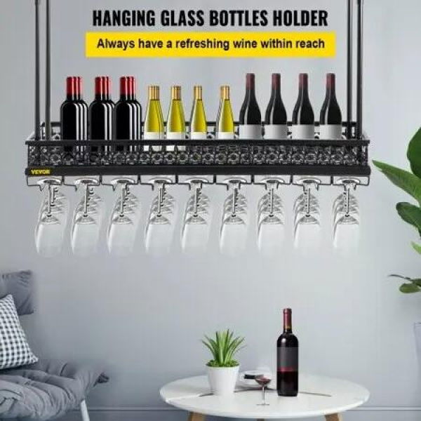 Ceiling-Mounted Bar Wine Rack Wine Glass Hanging Rack 35.8x13in Black