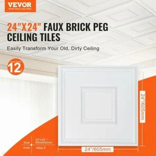 Ceiling Tiles 12-Pack 24 x 24 in PVC Easy Installation White Geometric