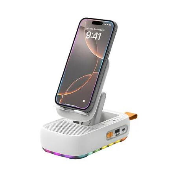Cell Phone Stand with Bluetooth Speaker and Colorful Ambient Light, Foldable Stand, Support TF Card Wireless Speaker for Desk Compatible with iPhone ipad,White