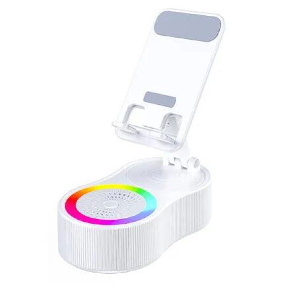 Cell Phone Stand with Wireless Bluetooth Speaker and Charger Colorful Ambient Light HD Surround Sound with Tablet Phone Holder(White)