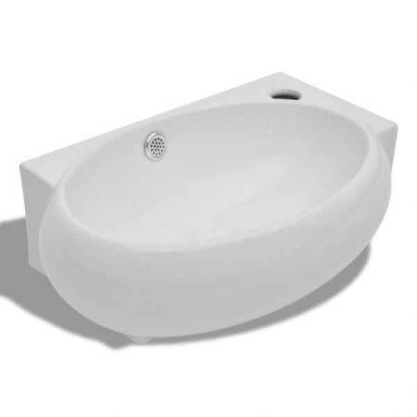 Ceramic Sink Basin Faucet & Overflow Hole - Bathroom White.