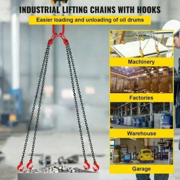 Chain Sling 9/32' X 10' Engine Lift Chain G80 Alloy Steel Engine Chain Hoist Lifts 3 Ton with 4 Leg Grab Hooks and Adjuster