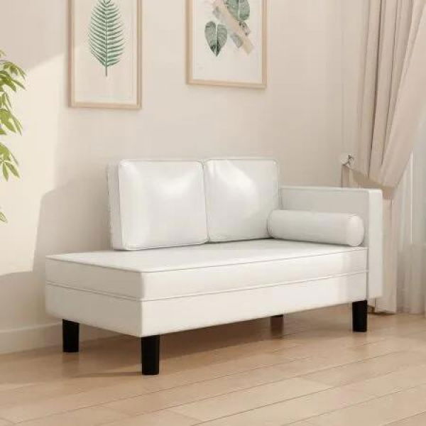 Chaise Lounge with Cushions and Bolster Cream Faux Leather