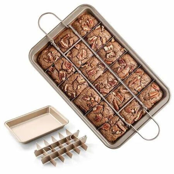 Champagne Gold Brownie Pan with Dividers Non-stick Rectangular Baking Pan with Built-in Slicer Can Make Brownie Bite Cake Fudges and Chocolate