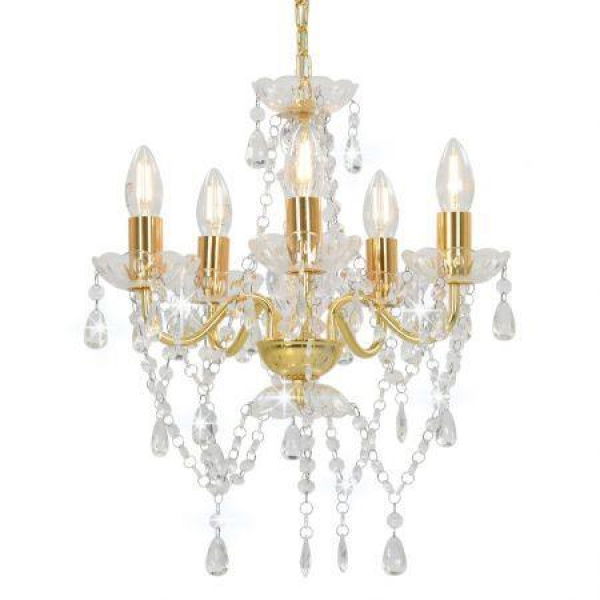 Chandelier With Crystal Beads Golden Round 5 X E14