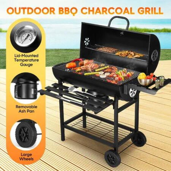 Charcoal BBQ Grill Trolley Portable Coal Barbecue Table Stand Outdoor Camping Cooking Smoker Set Rolling Cart with Storage Shelves