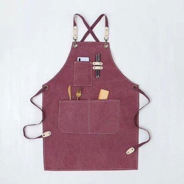 Chef Aprons For Men And Women With Big Pockets Cotton Canvas Cross Back Heavy Duty Adjustable Size M To XXL (Dark Red).