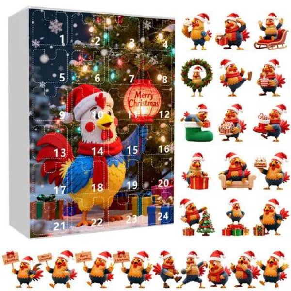 Chicken Advent Calendar 2025, Hanging Decorations for Xmas Tree, 24 Days Christmas Countdown with 2D Acrylic Chicken Ornaments