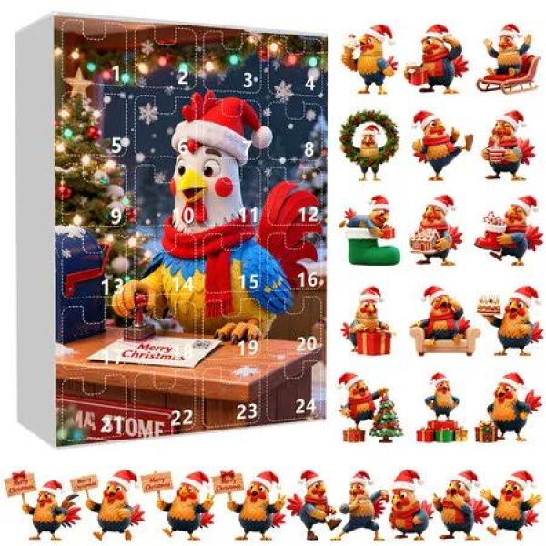 Chicken Advent Calendar 2025, Hanging Decorations for Xmas Tree, 24 Days Christmas Countdown with 2D Acrylic Chicken Ornaments
