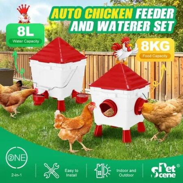 Chicken Bird Feeder Waterer Set Auto Food Water Dispenser Automatic Feeding Poultry Chook Coop Fence Drinker Cup Gravity Fed Drinking 8KG 8L