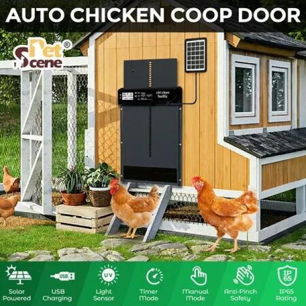 Chicken Coop Auto Door Opener Automatic Solar Powered LCD Timer Light Sensor Closer for Hen Chick Chook Poultry House Cage Waterproof Aluminium Alloy