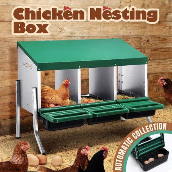 Chicken Nesting Box 3 Compartments Roll Away Hen Chook Laying Nest Boxes Coop Poultry Egg Brooder Roost Perch Galvanised Steel Plastic with Stand