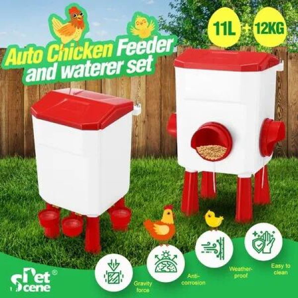 Chicken Water Bird Feeder Poultry Waterer Set 12KG 11L Large Automatic Feeding Coop Fence Food Dispenser Rat Proof