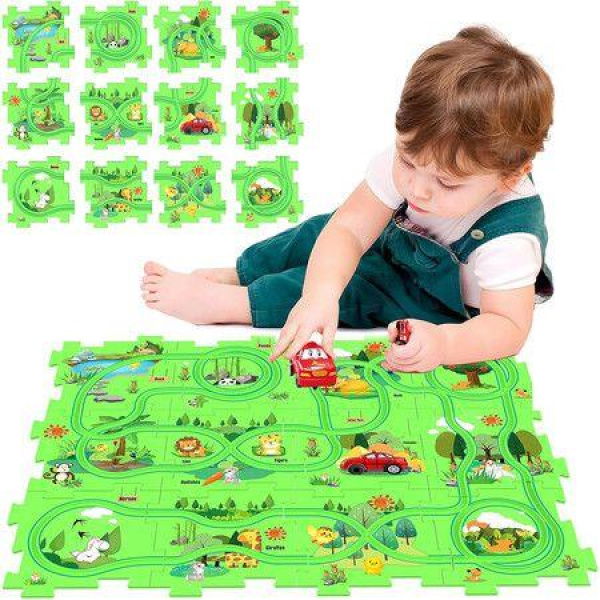 Children Educational Track Car DIY Free Assembly Map Scene To Build Electric Jigsaw Track Car (Forest)