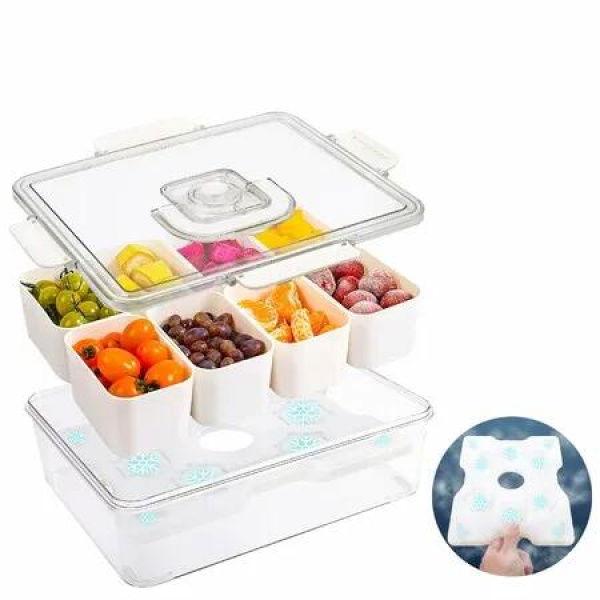 Chilled Serving Tray,Snackle Box Container with Handle,Fruit Platter Tray for Parties,Chilled Condiment Server with Lid,8 Compartment Snack Container