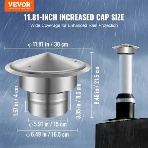 Chimney Cap 6-inch 304 Stainless Steel Round Roof Rain Cap Cover Silver