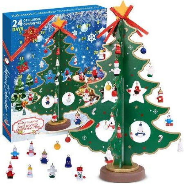 Christmas 24 Days Countdown Advent Calendar with 28 Ornaments Decoration,Countdown Calendar,12In Wooden Tabletop Christmas Tree with Santa,Snowman Miniature Ornaments