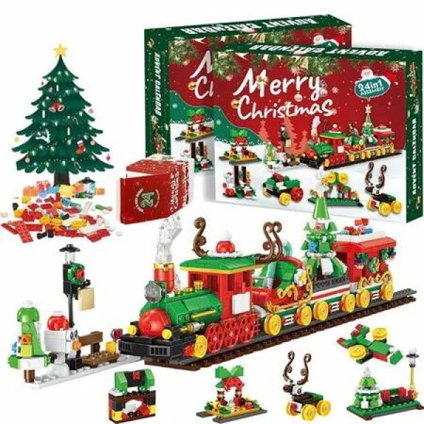 Christmas Advent Calendar 2025 Train Building Blocks Set,24 Boxs Surprise Christmas Countdown Toy Building Kits Xmas Thanksgiving Gifts for Kids