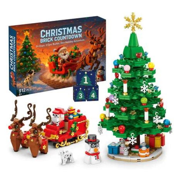 Christmas Advent Calendar 2025,912pcs Building Blocks Countdown Calendar with Christmas Tree and Santa,24 Days Xmas Gift Stockig Stuffers