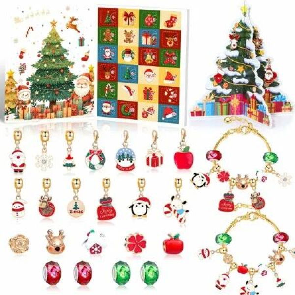 Christmas Advent Calendar, 24 Days Xmas Countdown Calendar, 2 DIY Bracelets 22 Charms and 1 Christmas tree for Christmas Decoration Gifts