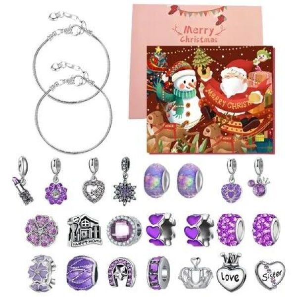 Christmas Advent Calendar Beaded Bracelet 24 Days Bracelet Kit Xtmas Jewelry Making Accessories Girls Art Craft Kit(Purple)