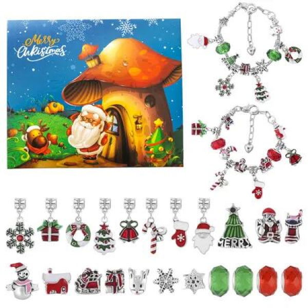 Christmas Advent Calendar Bracelets 2025, 24 Day Christmas Vacation Advent Calendar with 22 Charms and 2 Bracelets for Girls