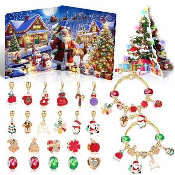 Christmas Advent Calendar Bracelets 24 Days of Christmas Countdown Calendar with 2 DIY Bracelets and 22 Charms,Ideal Christmas Holiday Ornament Gift