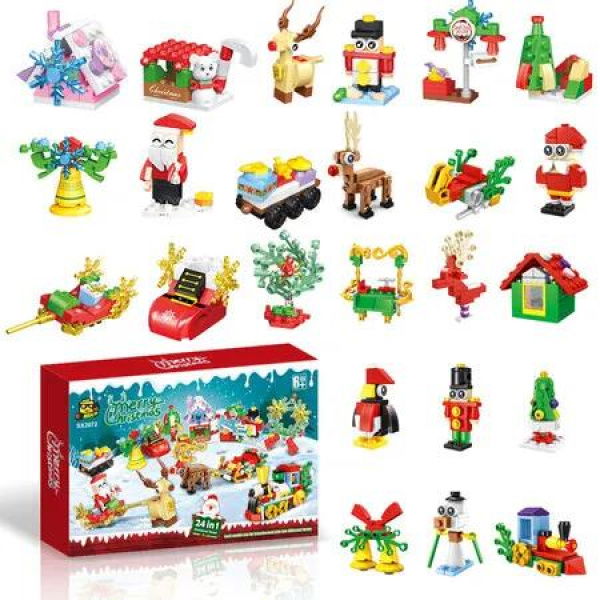 Christmas Advent Calendar Building Blocks 24 Day Countdown Holiday Toy with Santa's Train,Sleigh and Gift delivery Scene,Ideal for Boys and Girls Aged 6+